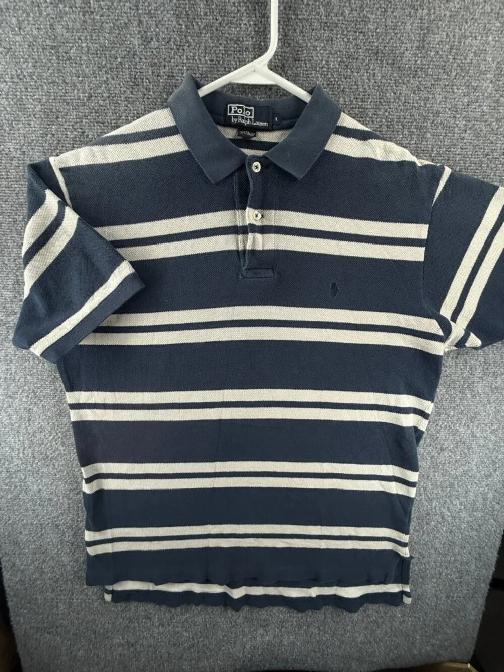 Polo Ralph Lauren Striped Blue White Short Sleeve Polo Shirt Men Cotton Mesh LG